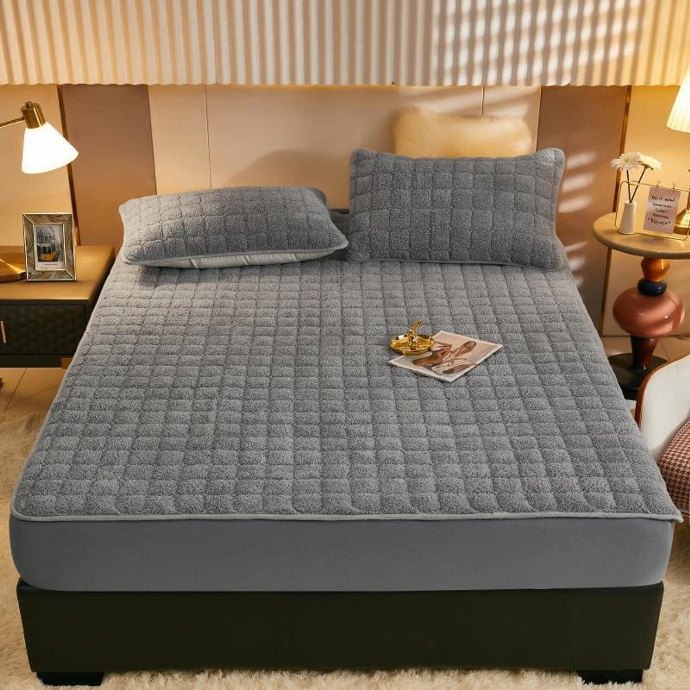 CFYCYHDZHT Comfy Sheets,Winter Thick Coral Velvet Quilted Mattress Protector, Warm Printed Bed Sheet for Boys and Girls Bedroom,Grey,180x200cm