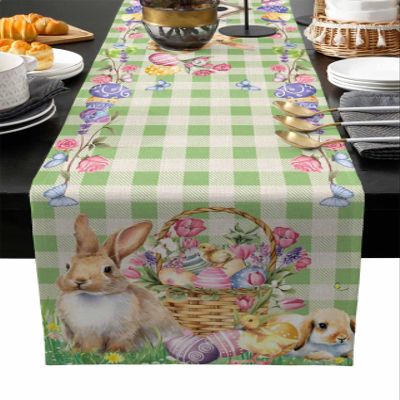 Easter Basket Burlap-Cotton Table Runner 108 Inches Long, Easter Bunny Eggs Spring Floral Green Buffalo Plaid Farmhouse Table Runners, Outdoor Dining Tablecloths Decor for Party/Wedding 13x108