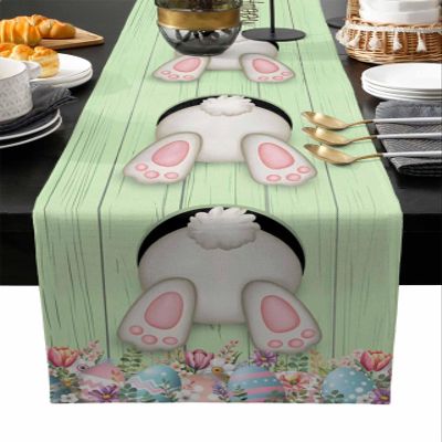 Easter Burlap-Cotton Table Runner 108 Inches Long, Easter Eggs Bunny Green Welcome Spring Durable Farmhouse Table Runners, Outdoor Dining Tablecloths Decor for Baby Shower/Party/Wedding 13x108