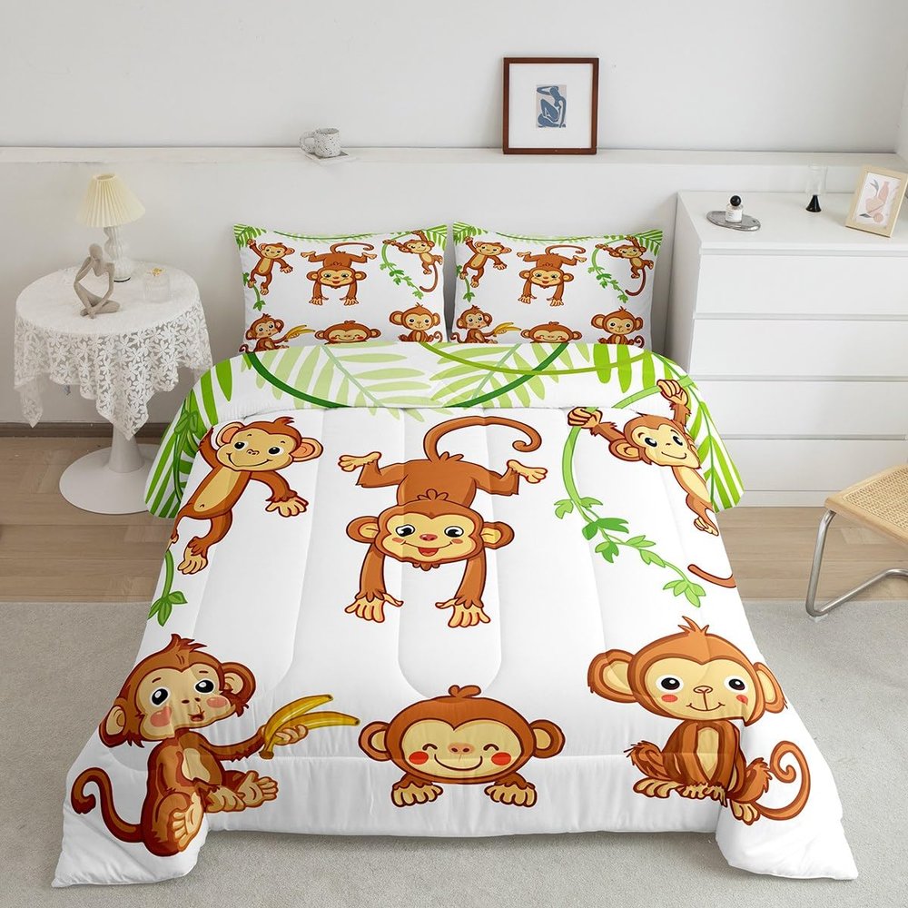 Feelyou Kids Cute Monkeys Bedding Set Cartoon Monkey Banana Decor Comforter for Kids Boys Girls Wild Animal Pattern Comforter Set Natural Wildlife Quilt Set Bedroom Collection 2Pcs Twin Size