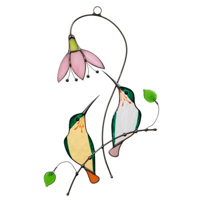 Hummingbird Cardinal Birds Stained Glass Suncatcher Genuine Stained Glass Window Hangings Unique Indoor Ornament & Outdoor Decor (Two Hummingbirds)