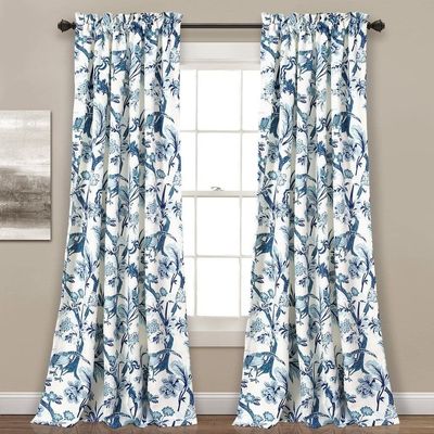 2 Piece White Curtain 52" W x 108" L Blue Navy Aqua Darkening Floral Flowers Panel Pair Farmhouse French Country Modern Contemporary Traditional Transitional | All Seasons Classical Style Vibrant