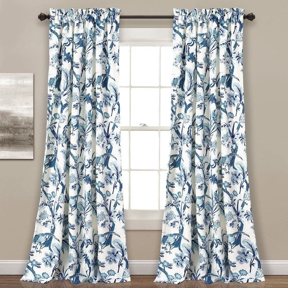 2 Piece White Curtain 52" W x 108" L Blue Navy Aqua Darkening Floral Flowers Panel Pair Farmhouse French Country Modern Contemporary Traditional Transitional | All Seasons Classical Style Vibrant