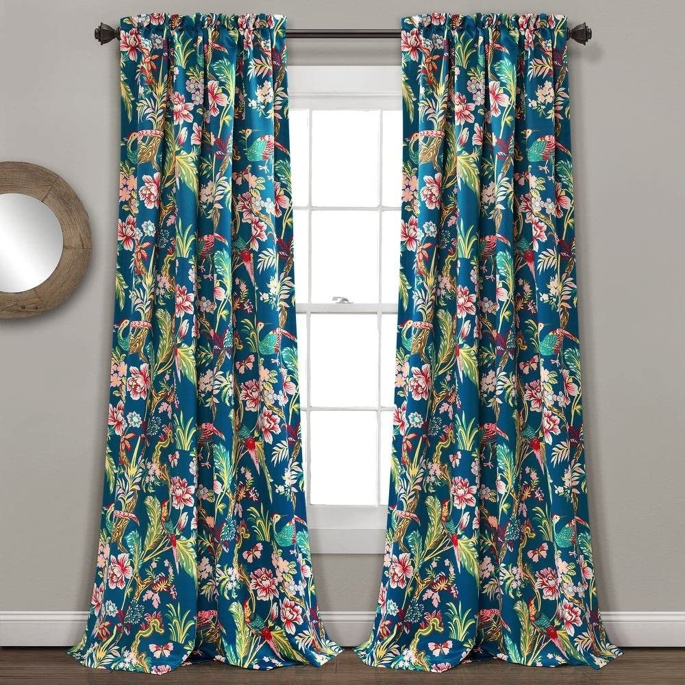 2 Piece Floral Curtain 52" W x 95" L Blue Navy Green Darkening Flowers Panel Pair Farmhouse French Country Modern Contemporary Traditional Transitional | All Seasons Classical Style Vibrant Pretty