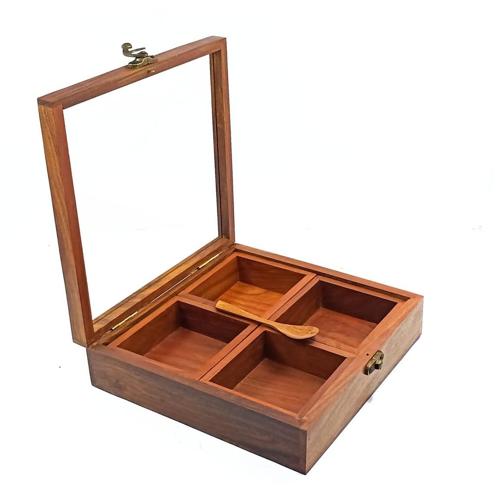 Ark Wood Art International Spice Box | Masala Box | Dry Fruit Container-Handcrafted with Indian Rosewood with 4 Large Detachable Containers For Gift And kitchen