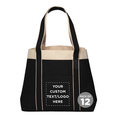 DISCOUNT PROMOS 12 Donna Polyester Tote Bags Set - Customizable Text, Logo - Two Tone, Reinforced Straps, Wide Gusset, Everyday Use - Black