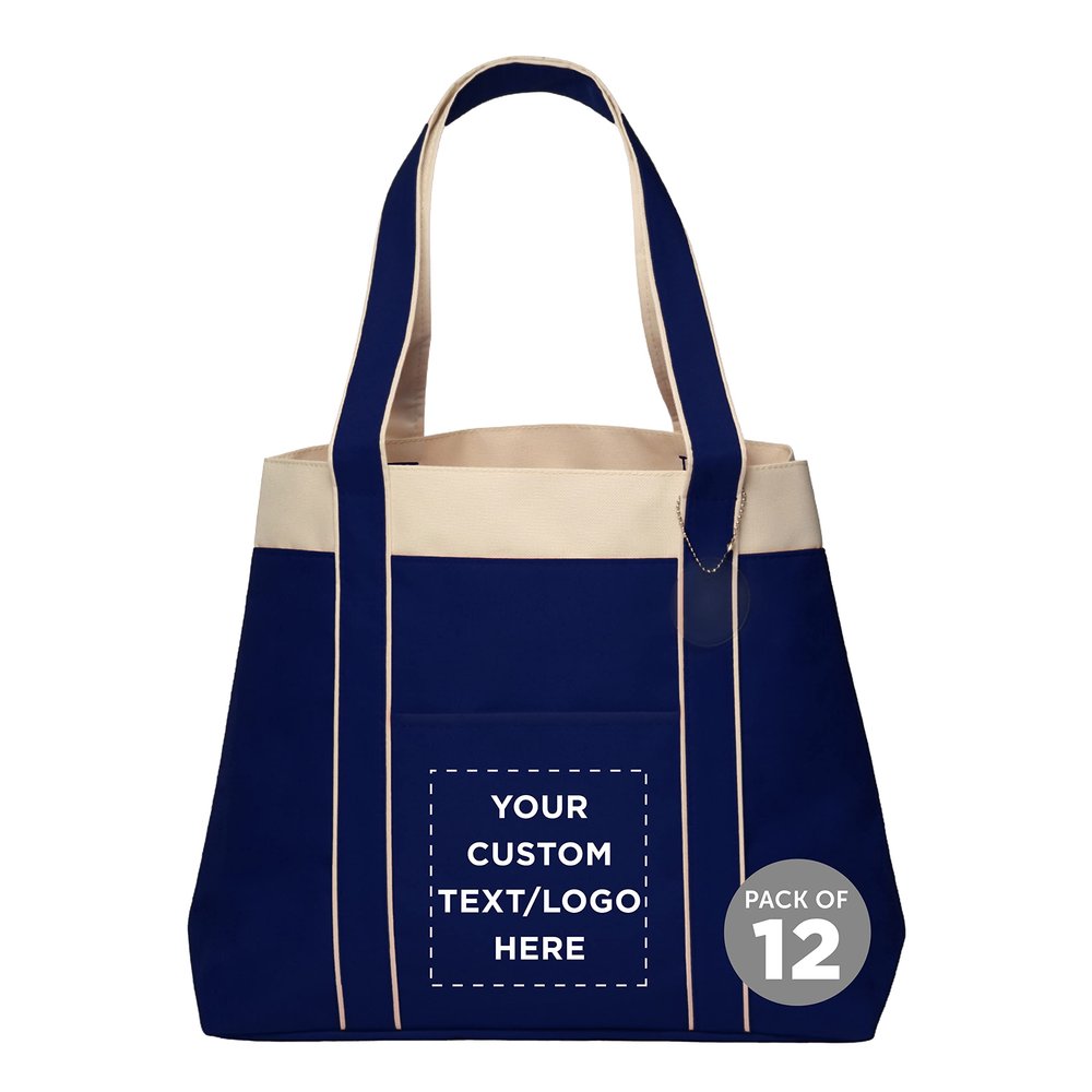 DISCOUNT PROMOS 12 Donna Polyester Tote Bags Set - Customizable Text, Logo - Two Tone, Reinforced Straps, Wide Gusset, Everyday Use - Blue