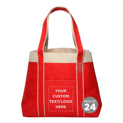 DISCOUNT PROMOS 24 Donna Polyester Tote Bags Set - Customizable Text, Logo - Two Tone, Reinforced Straps, Wide Gusset, Everyday Use - Red