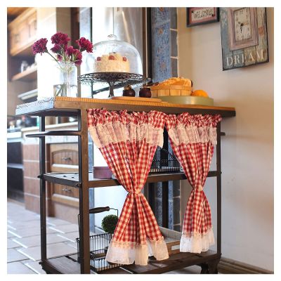 DJYSXA Country Style Half Kitchen Cafe Curtains, Rod Pocket Short Curtains with Lace, Red and White Tires Curtain Valances, 2 Panels (Size : W115*H120CM(W45*H47inch))