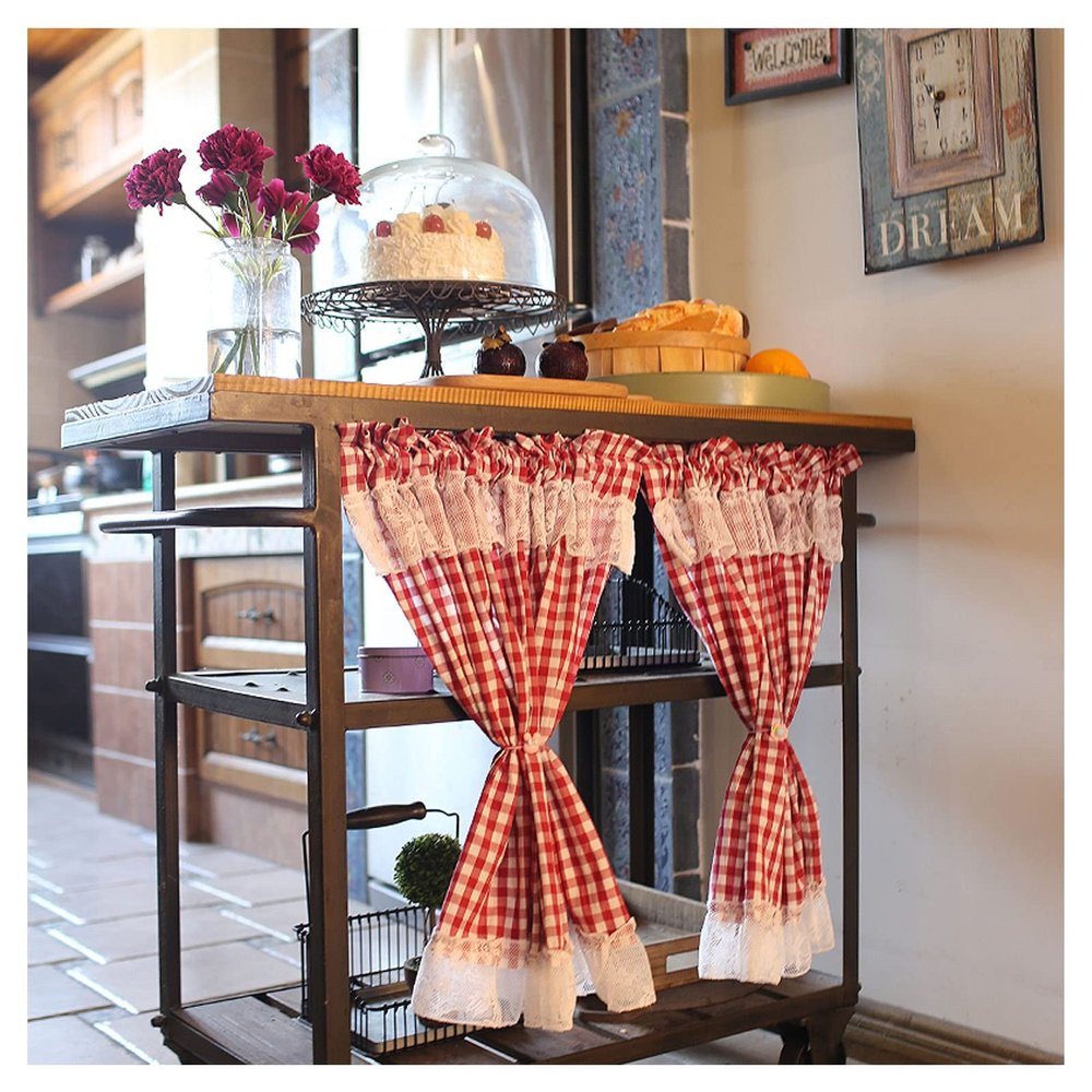 DJYSXA Country Style Half Kitchen Cafe Curtains, Rod Pocket Short Curtains with Lace, Red and White Tires Curtain Valances, 2 Panels (Size : W115*H120CM(W45*H47inch))