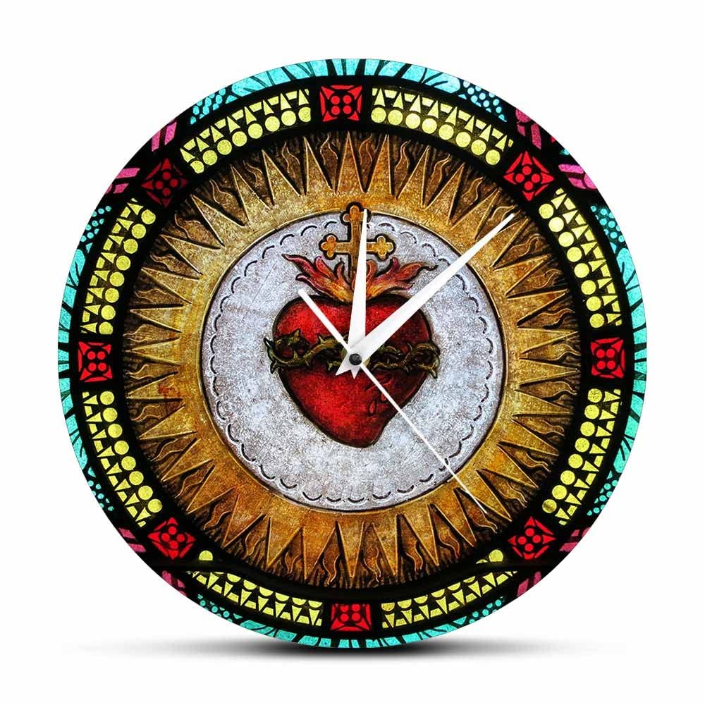 Geek Alerts Sacred Heart Silent Non Ticking Wall Clock,Battery Operated Quartz,Catholic Church Prayer Cross Crown of Thorns Roses Jesus Christ Home Decor 12inch Watch