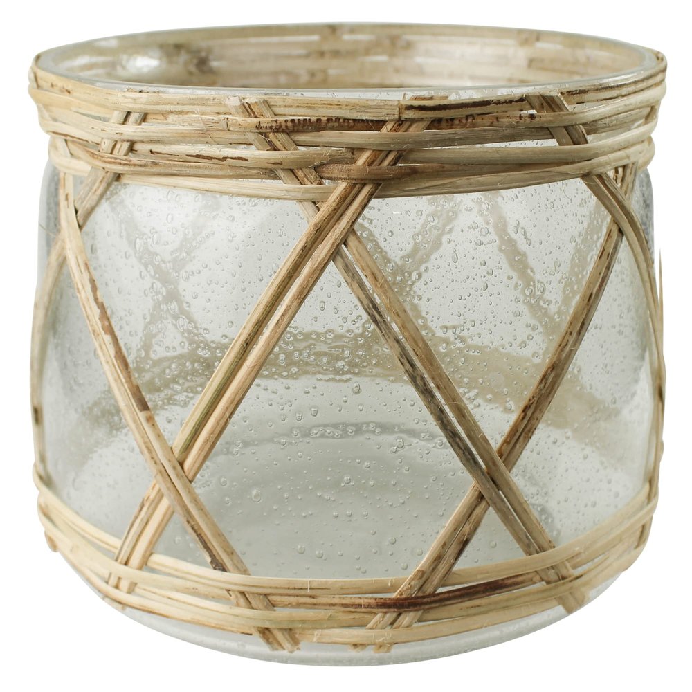 AREOhome HomArt 9638-0 Glass and Rattan Cairo Hurricane, Medium, Clear and Brown, 8inch L x 8inch W x 6.75inch H