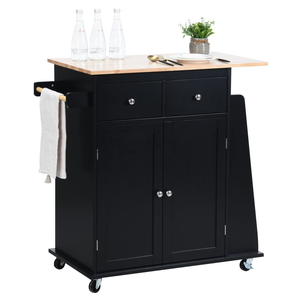 LOKO Kitchen Island, Rolling Kitchen Storage Cart with 3-Tier Spice Rack and Towel Rack, Microwave Cart with Wheels and Rubber Wood Tabletop, 34.5 x 18 x 35.5 inches (Black Kitchen Island)