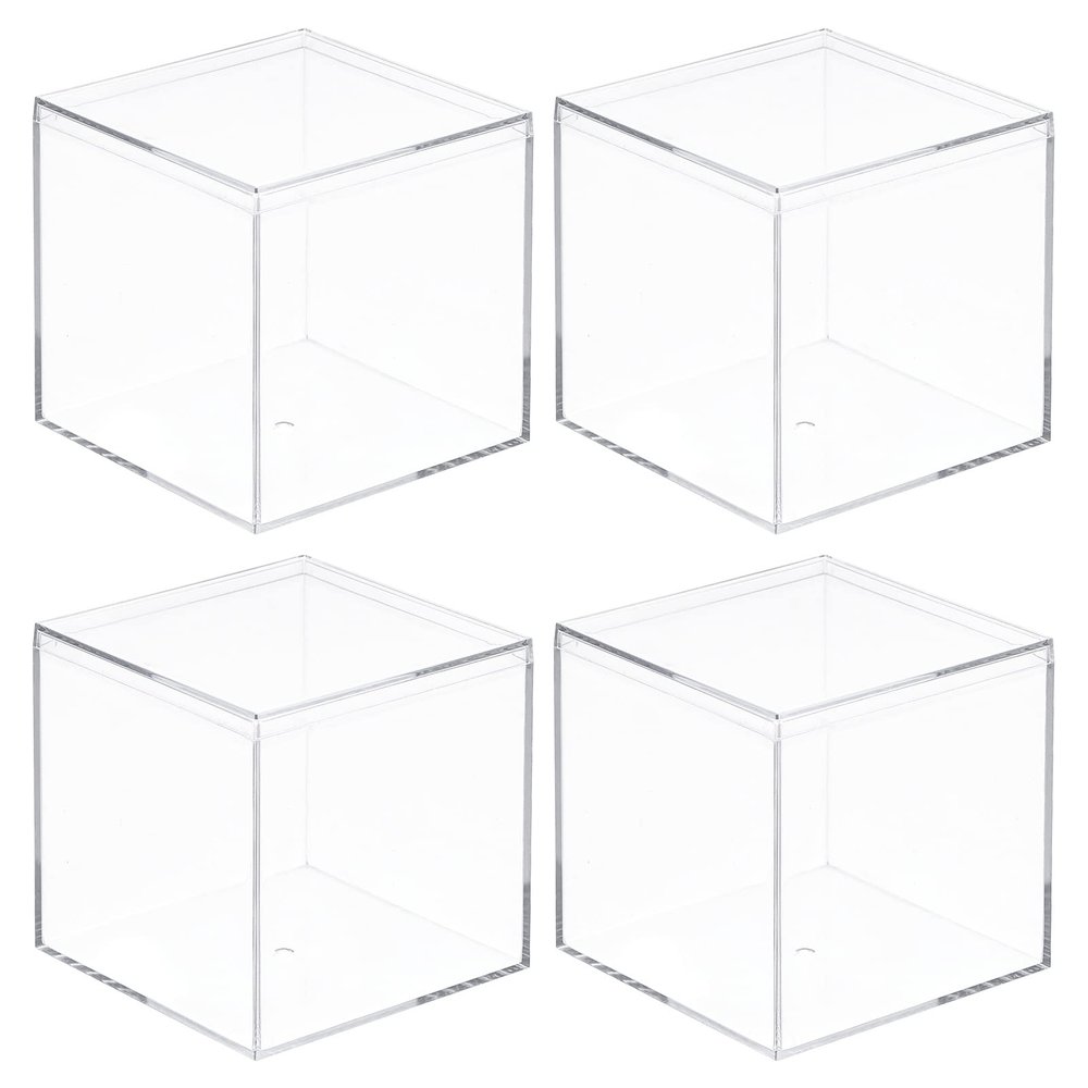 MECCANIXITY Clear Acrylic Plastic Storage Box Square Cube Display Case with Lid, 9.5x9.5x9.5cm Container Box for Small Item, Pack of 4