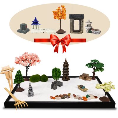 14" x 10" Large Japanese Zen Garden Kit for Desk  Includes 25+ Accessories: Sand Tray, Rake, Trees, Incense Burner, Bridge, Well, Door  Calming Decor Gift for Women, Mindfulness & Stress Relief