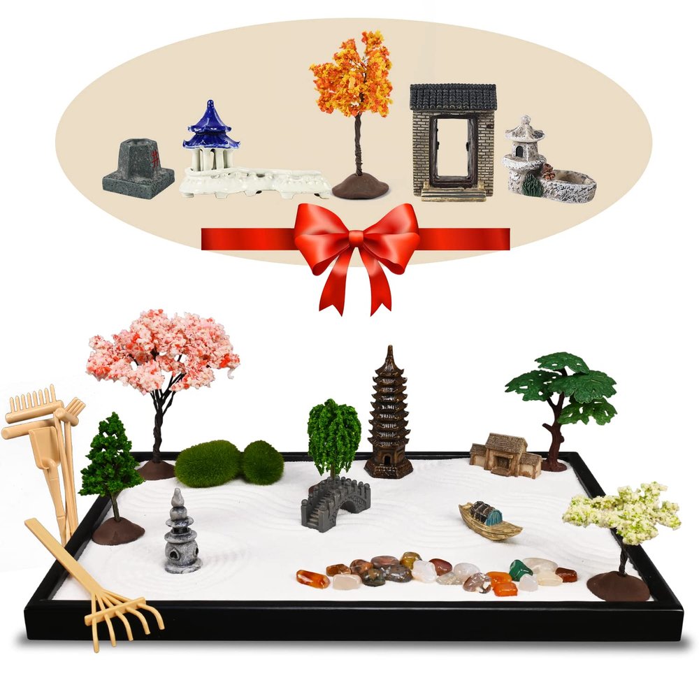 14" x 10" Large Japanese Zen Garden Kit for Desk  Includes 25+ Accessories: Sand Tray, Rake, Trees, Incense Burner, Bridge, Well, Door  Calming Decor Gift for Women, Mindfulness & Stress Relief