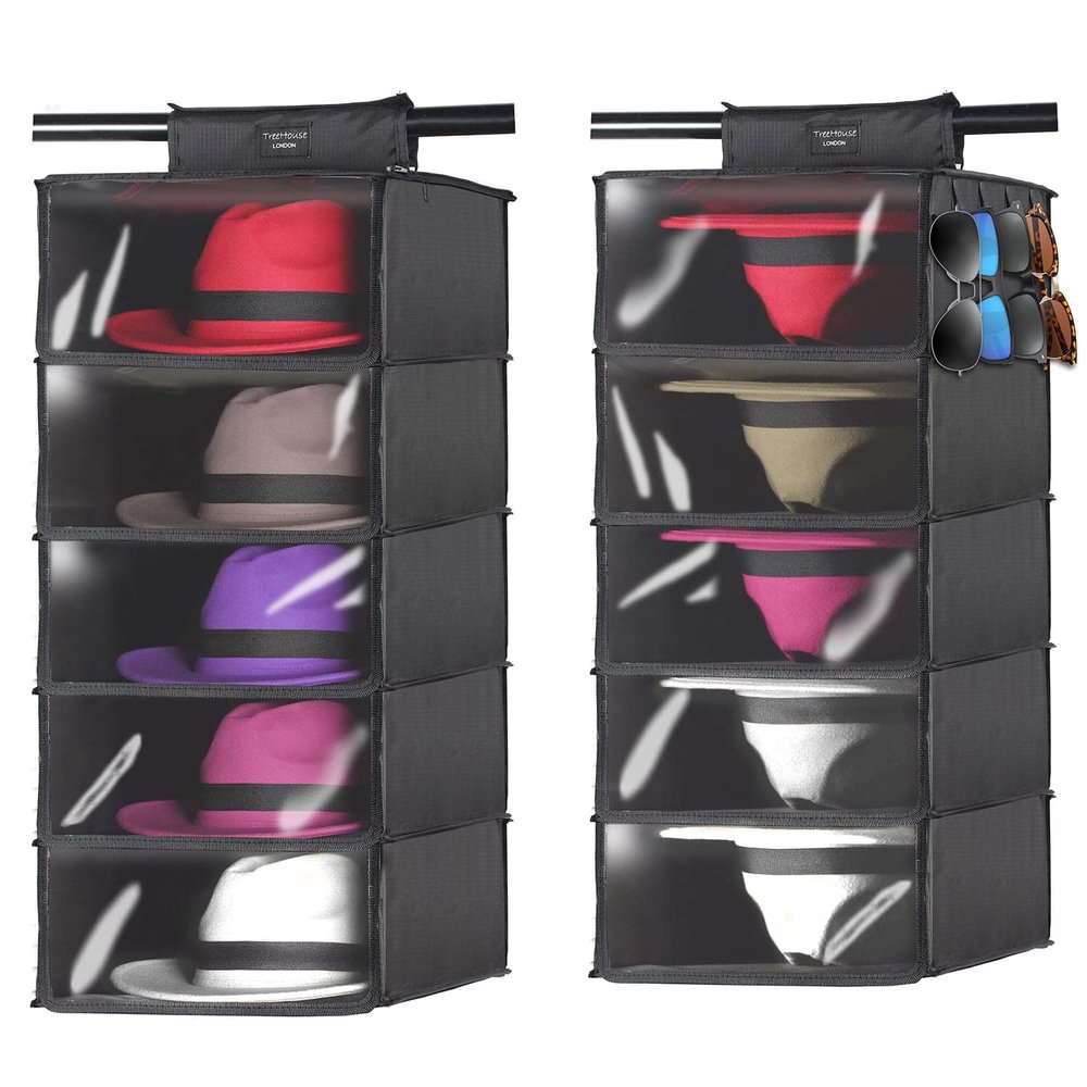 TreeHouse London XL Fedora Hat Rack with Dust Cover - Closet Hanging Cap Organizer - Pack of 2 Cowboy Hat Holder - Storage Shelf Organizer for Men & Women - For Bowler & Wide Brim Hats, Dustproof