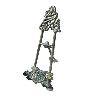 handchic Decorative Metal Easel Stand, Vintage Turquoise Cast Iron, Ornate Scroll Design, 13.4x5.5 Inches, Display Holder for Art, Photo, Book,Tablet and More