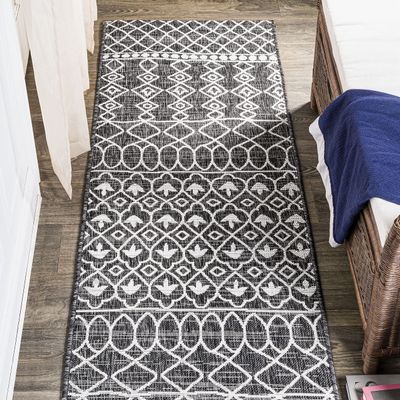 JONATHAN Y Tribal Bohemian Indoor Outdoor Runner Rug 2X10 Black/Ivory, Kafel for Backyard, Patio, Porch, Easy-Cleaning, High Traffic, Pet-Friendly, Non-Shedding (SMB130F-210)