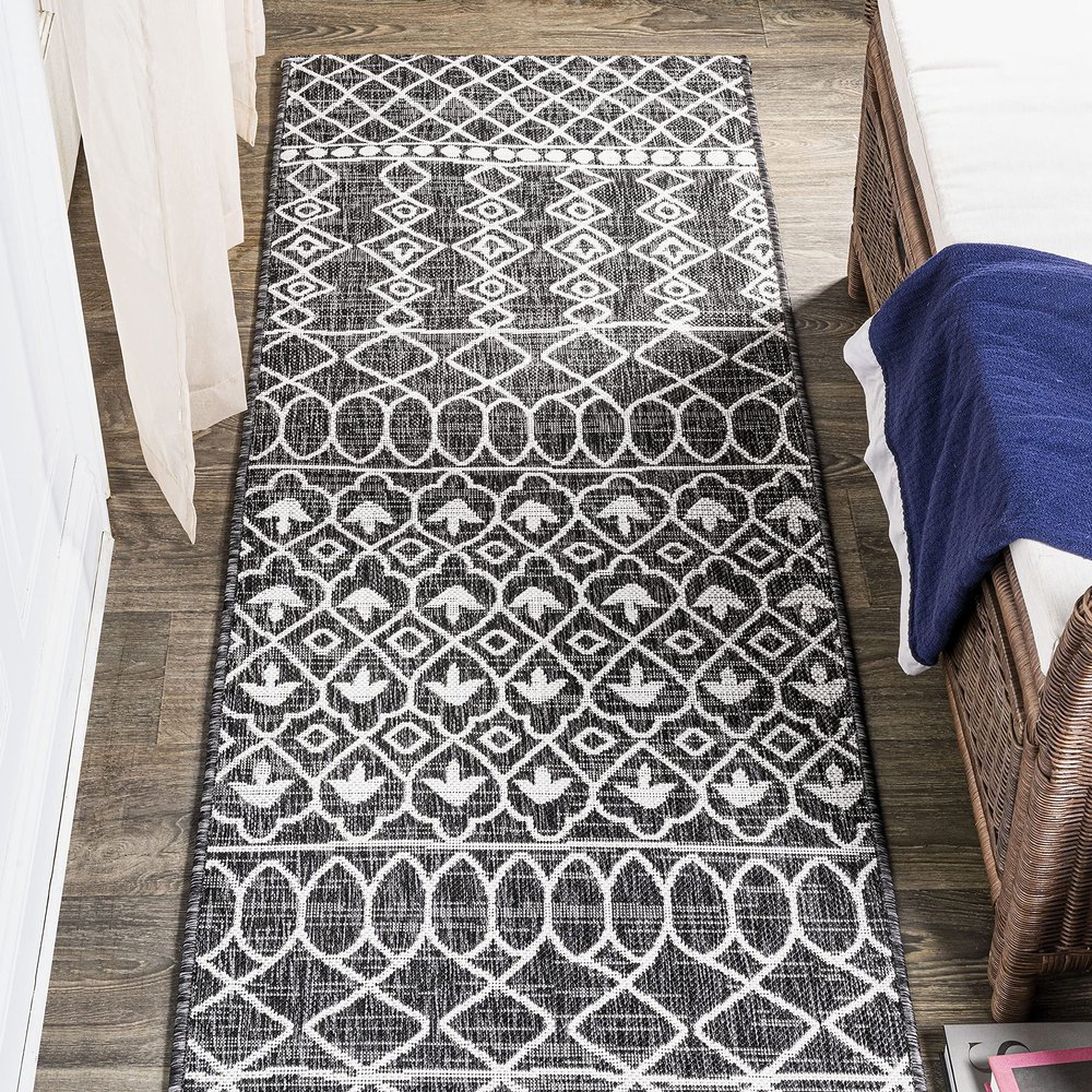 JONATHAN Y Tribal Bohemian Indoor Outdoor Runner Rug 2X10 Black/Ivory, Kafel for Backyard, Patio, Porch, Easy-Cleaning, High Traffic, Pet-Friendly, Non-Shedding (SMB130F-210)