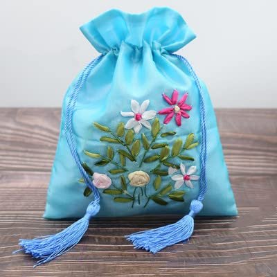 Only My Live Home Handmade Ribbon Embroidery Large Jewelry Gift Bags Tassel Satin Cloth Storage Packaging Bag Empty Sachet Lavender Pouch (sky blue, 10)