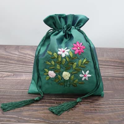 Only My Live Home Handmade Ribbon Embroidery Large Jewelry Gift Bags Tassel Satin Cloth Storage Packaging Bag Empty Sachet Lavender Pouch (green, 10)