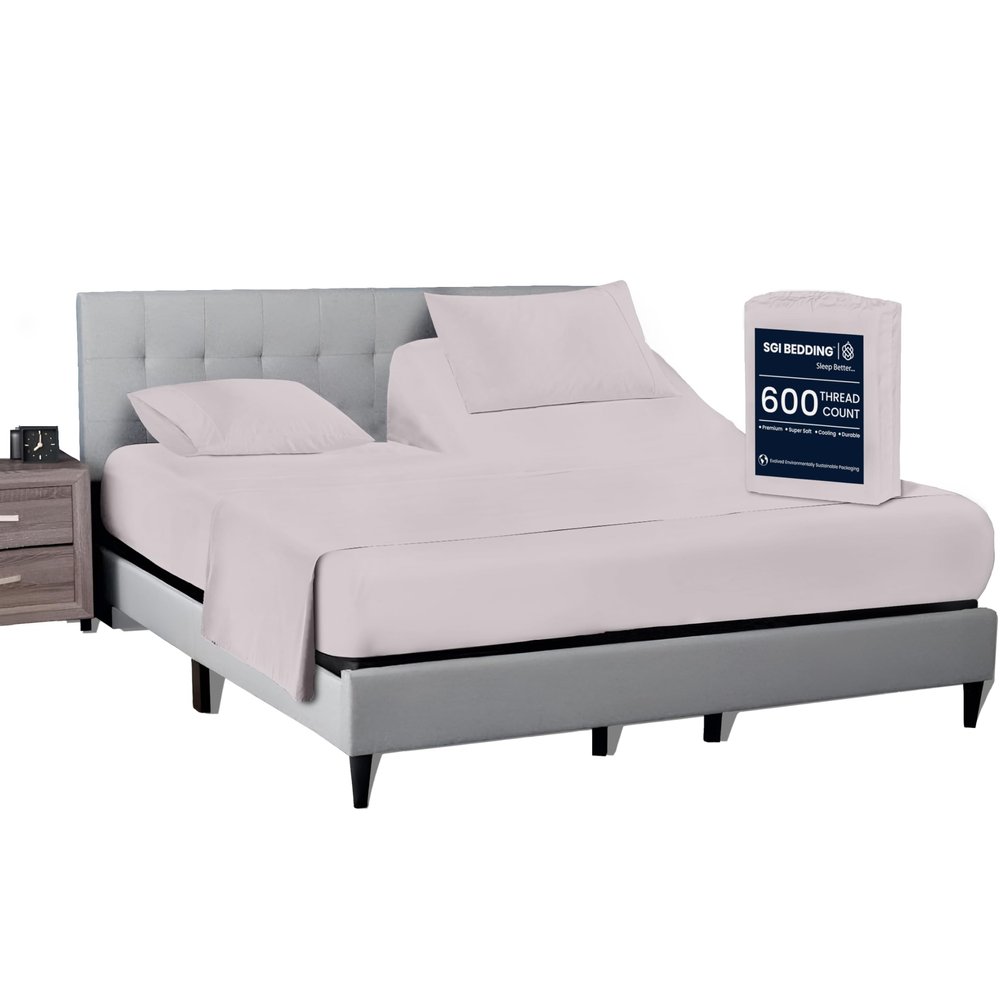 SGI bedding 28" King Split Top Flex Head Sheet 100% Egyptian Cotton Sheet Set - 600 Thread Count Flex Top Sheet Adjustable Bed - 4 Piece Sheet Set 15" Deep Pocket Sleep Number Bed - Silver Solid