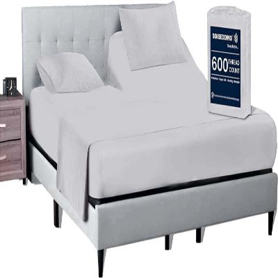 SGI bedding 32" Cal King Split Top Flex Head Sheet 100% Egyptian Cotton Sheet Set - 600 Thread Count Flex Top Sheet Adjustable Bed 4 Piece Sheet Set 15" Deep Pocket Sleep Number Bed - Silver