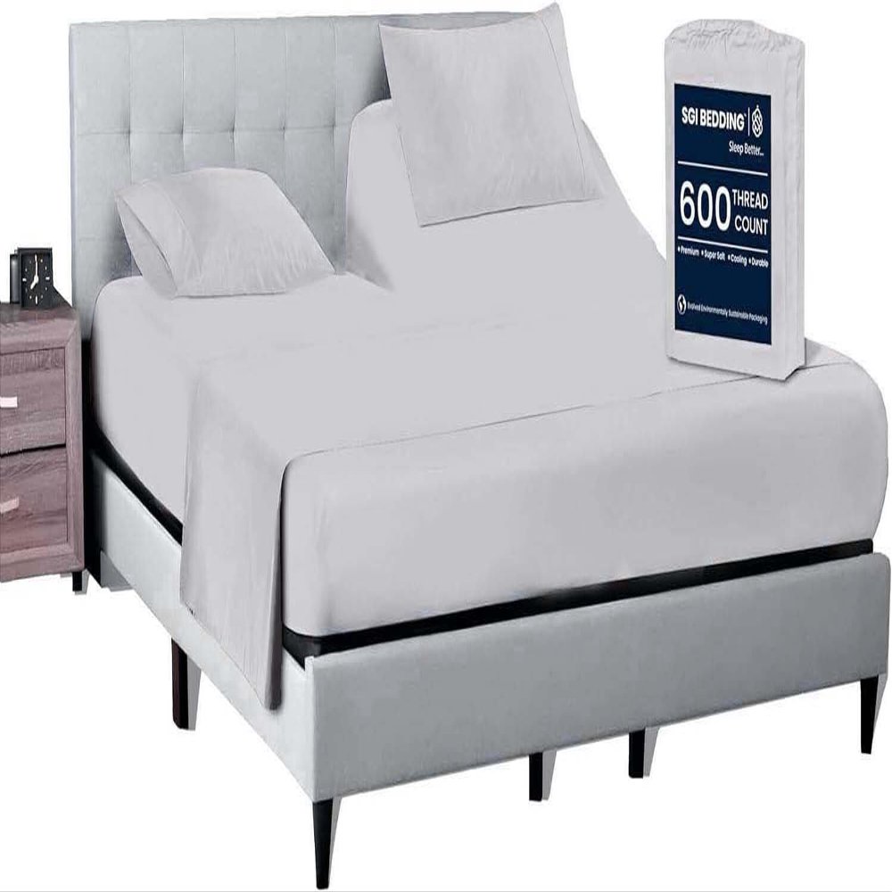 SGI bedding 32" Cal King Split Top Flex Head Sheet 100% Egyptian Cotton Sheet Set - 600 Thread Count Flex Top Sheet Adjustable Bed 4 Piece Sheet Set 15" Deep Pocket Sleep Number Bed - Silver