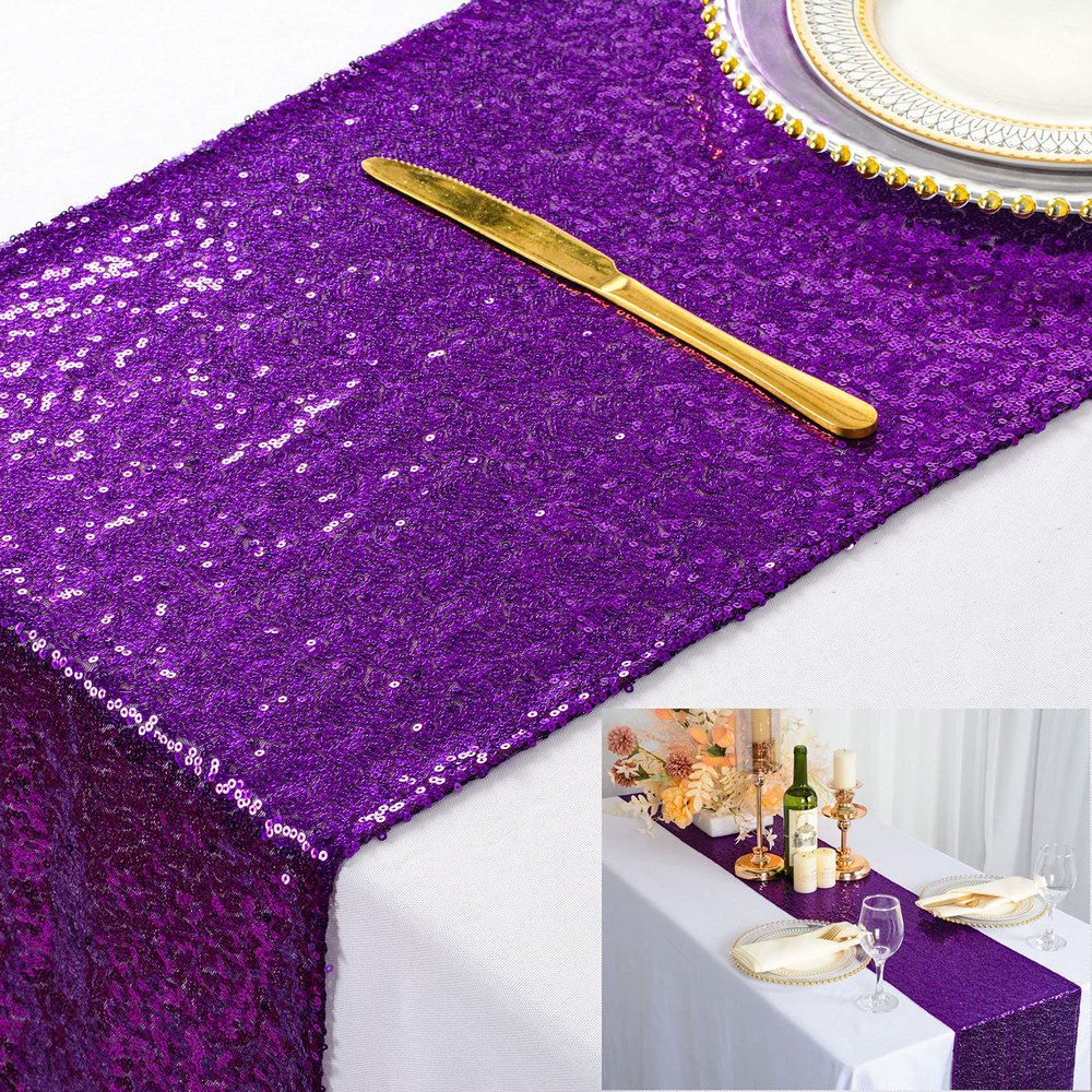 ShinyBeauty Purple Table Runners 12x108-Inches Pack of 5 Sequin Table Runner Sparkly Sequined Fabric Wedding Runners for Table Rectangle Party Table Covers Dining Tablecloth for Banquet Birthday
