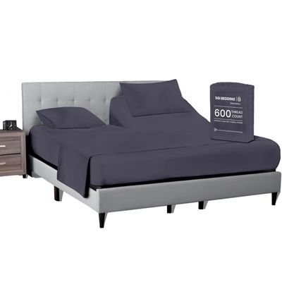 SGI bedding 32" King Split Top Flex Head Sheet 100% Egyptian Cotton Sheet Set - 600 Thread Count Flex Top Sheet Adjustable Bed - 4 Piece Sheet Set 15" Deep Pocket Sleep Number Bed - Dark Gray Solid