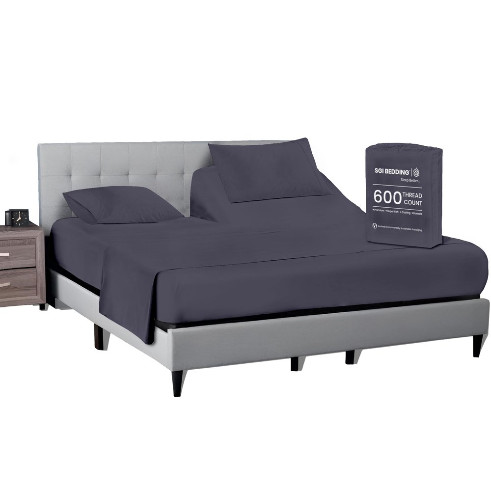 SGI bedding 32" King Split Top Flex Head Sheet 100% Egyptian Cotton Sheet Set - 600 Thread Count Flex Top Sheet Adjustable Bed - 4 Piece Sheet Set 15" Deep Pocket Sleep Number Bed - Dark Gray Solid