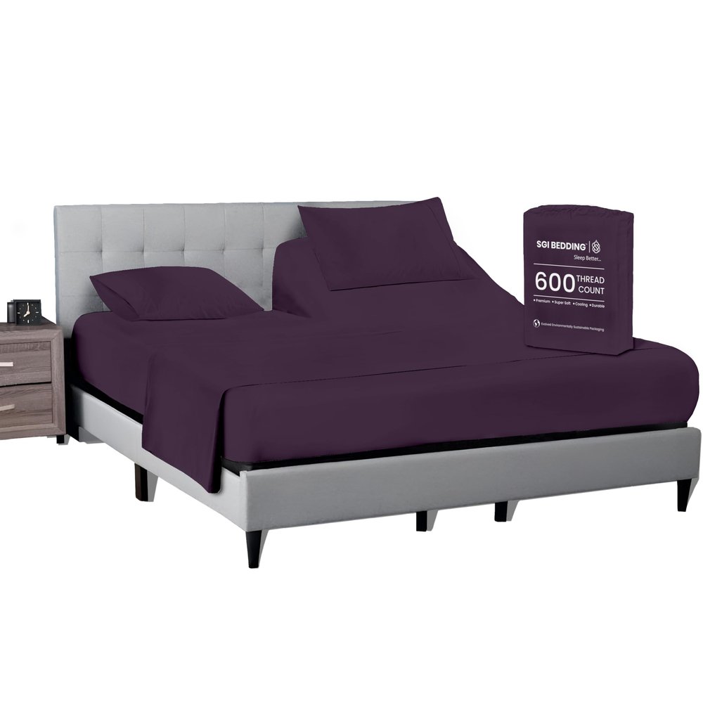 SGI bedding 34" Cal King Split Top Flex Head Sheet 100% Egyptian Cotton Sheet Set - 600 Thread Count Flex Top Sheet Adjustable Bed - 4 Piece Sheet Set 15" Deep Pocket Sleep Number Bed - Plum Solid