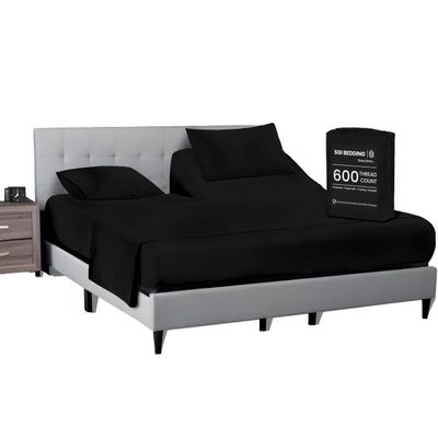 SGI bedding 34" Cal King Split Top Flex Head Sheet 100% Egyptian Cotton Sheet Set - 600 Thread Count Flex Top Sheet Adjustable Bed - 4 Piece Sheet Set 15" Deep Pocket Sleep Number Bed - Black Solid