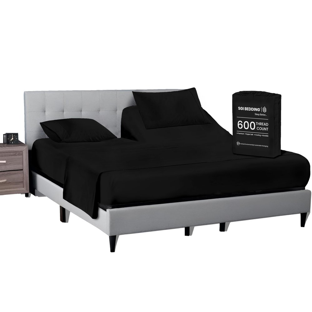 SGI bedding 34" Cal King Split Top Flex Head Sheet 100% Egyptian Cotton Sheet Set - 600 Thread Count Flex Top Sheet Adjustable Bed - 4 Piece Sheet Set 15" Deep Pocket Sleep Number Bed - Black Solid