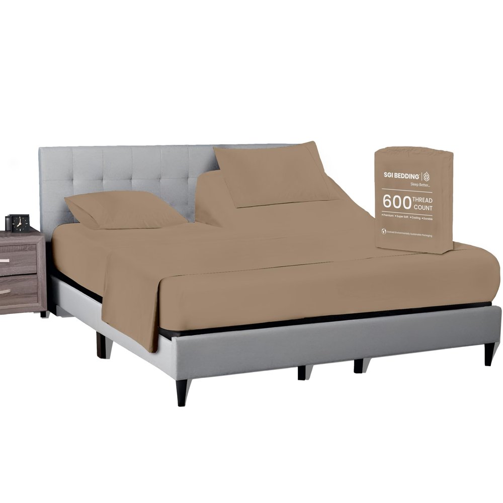 SGI bedding 32" King Split Top Flex Head Sheet 100% Egyptian Cotton Sheet Set - 600 Thread Count Flex Top Sheet Adjustable Bed - 4 Piece Sheet Set 15" Deep Pocket Sleep Number Bed - Beige Solid