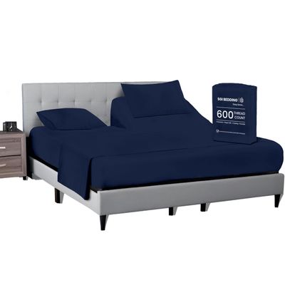 SGI bedding 34" Cal King Split Top Flex Head Sheet 100% Egyptian Cotton Sheet Set - 600 Thread Count Flex Top Sheet Adjustable Bed 4 Piece Sheet Set 15" Deep Pocket Sleep Number Bed - Navy Blue Solid