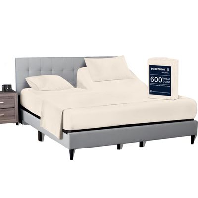 SGI bedding 32" Cal King Split Top Flex Head Sheet 100% Egyptian Cotton Sheet Set - 600 Thread Count Flex Top Sheet Adjustable Bed - 4 Piece Sheet Set 15" Deep Pocket Sleep Number Bed - Butter Solid