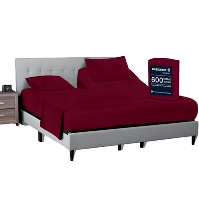 SGI bedding 32" Cal King Split Top Flex Head Sheet 100% Egyptian Cotton Sheet Set - 600 Thread Count Flex Top Sheet Adjustable Bed 4 Piece Sheet Set 15" Deep Pocket Sleep Number Bed - Burgundy Solid