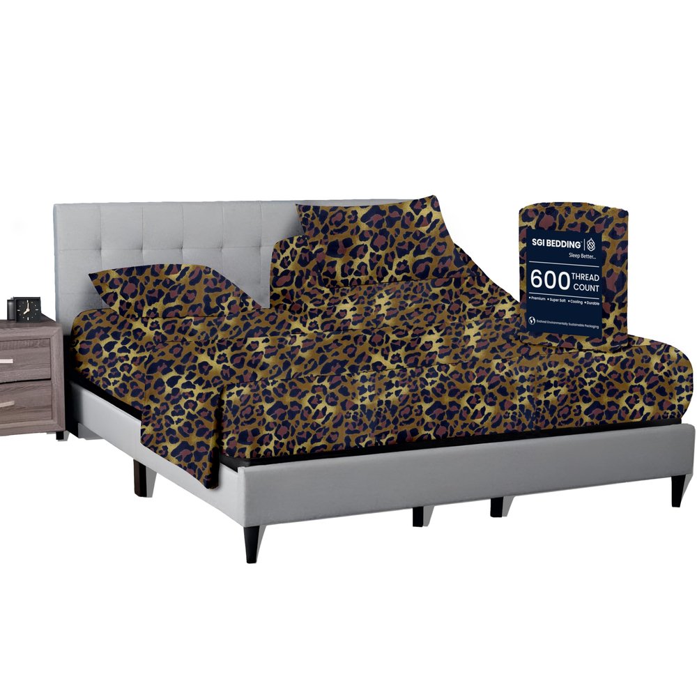 SGI bedding 28" King Split Top Flex Head Sheet 100% Egyptian Cotton Sheet Set - 600 Thread Count Flex Top Sheet Adjustable Bed - 4 Piece Sheet Set 15" Deep Pocket Sleep Number Bed - Leopard Print