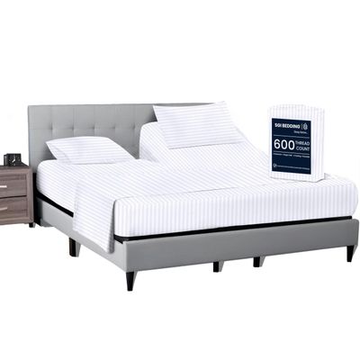 SGI bedding 34" Cal King Split Top Flex Head Sheet 100% Egyptian Cotton Sheet Set - 600 Thread Count Flex Top Sheet Adjustable Bed - 4 Piece Sheet Set 15" Deep Pocket Sleep Number Bed - White Stripe