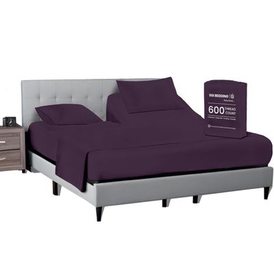 SGI bedding 32" King Split Top Flex Head Sheet 100% Egyptian Cotton Sheet Set - 600 Thread Count Flex Top Sheet Adjustable Bed - 4 Piece Sheet Set 15" Deep Pocket Sleep Number Bed - Plum Solid