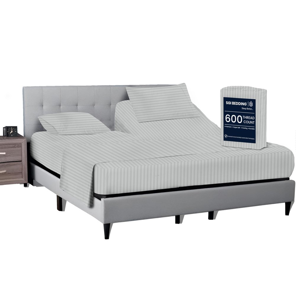 SGI bedding 32" King Split Top Flex Head Sheet 100% Egyptian Cotton Sheet Set - 600 Thread Count Flex Top Sheet Adjustable Bed - 4 Piece Sheet Set 15" Deep Pocket Sleep Number Bed - Light Grey Stripe