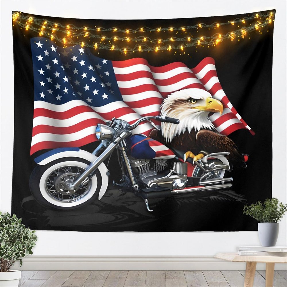 American Flag Tapestry Dirt Bike Motorcycle Wall Blanket Tapestries, Eagle Animal Wall Hanging for Kids Teens Adult Black Solemn Home Wall Decor, XLarge 70.9 x 92.5 Inches