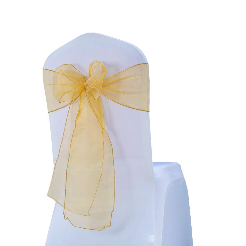 WENSINL Pack of 50 Wedding Organza Gold Chair Bows - Tulle Sheer Chair Sashes for Party Banquet Hotel Restaurant Birthday Engagement Bridal Shower Events Decorations
