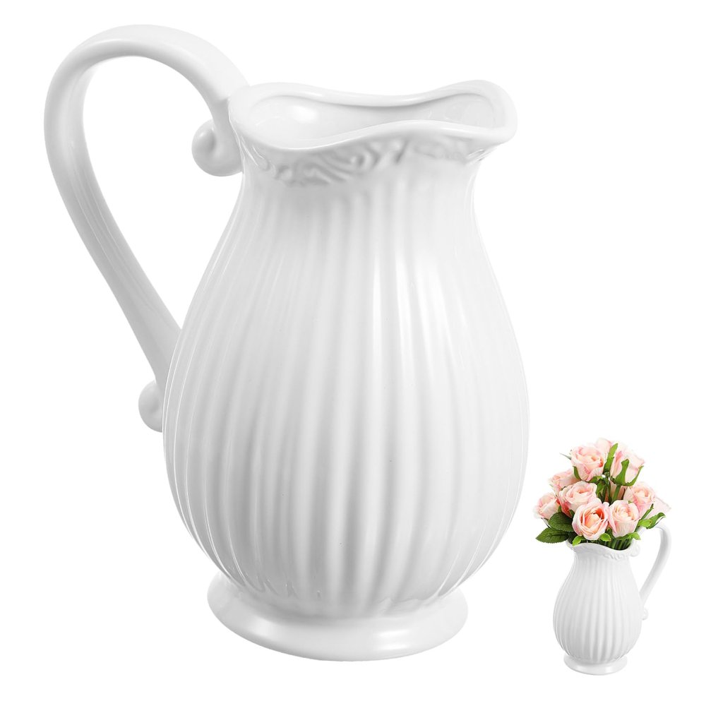 1pc Nordic Style Ceramic Pitcher Vase White Striped Decorative Jug for Home Decor Simple Flower Container for Living Room Office and Dining Table Centerpiece