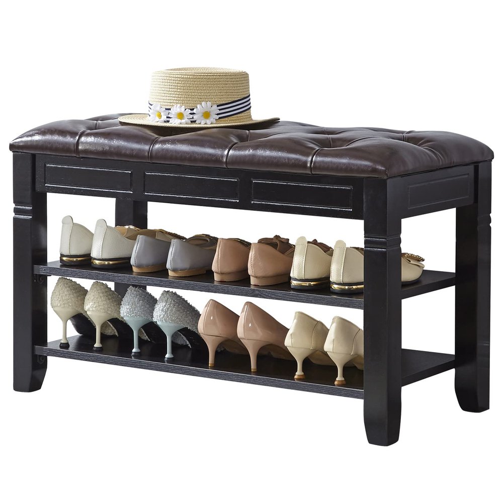 LEILISI Shoe Bench, Storage Rack Organizer with Cushion 2 Tier Lift Top Shoe Rack for Entryway Living Room Bedroom Hallway Wooden Furniture (Black, 31.5'')