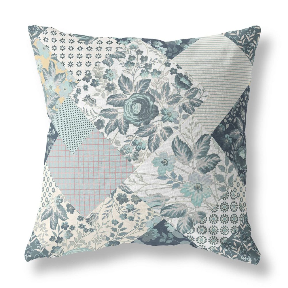 HomeRoots Indigo Cream Broadcloth Teal White Boho Floral Indoor Outdoor Throw Pillow