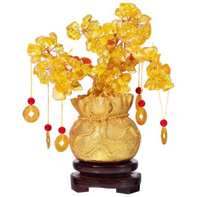 Garneck Citrine Money Tree Feng Shui Crystal Money Tree with Coins Brings Fortune Wealth Chinese Money Tree Luck Tree Bonsai Ornament Home Office Decoration, 7 Inches