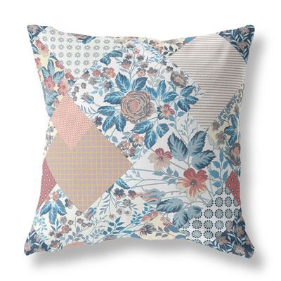 HomeRoots White Blue Red Broadcloth White Blue Floral Indoor Outdoor Throw Pillow